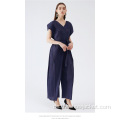 Neuheiten Damen Overalls Plissee Hosen mit V-Ausschnitt